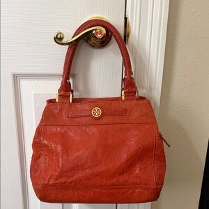 Tory Burch Orange-Red Leather Shoulder Bag with Gold Hardware